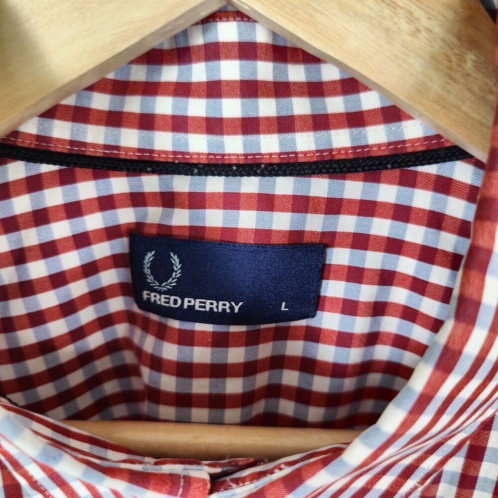 Fred Perry Size Large Red Check Button Down Long Sleeve Preppy Logo Shirt - Picture 6 of 8